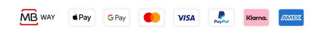 Métodos de pagamento aceites: MB WAY, Apple Pay, Google Pay, Mastercard, Visa, PayPal, Klarna, American Express